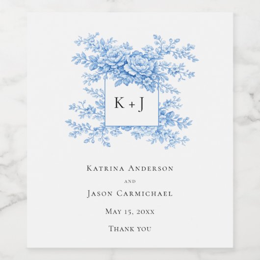 Chinoiserie Blue Floral Classic Wedding Monogram ワインラベル (シングルラベル)