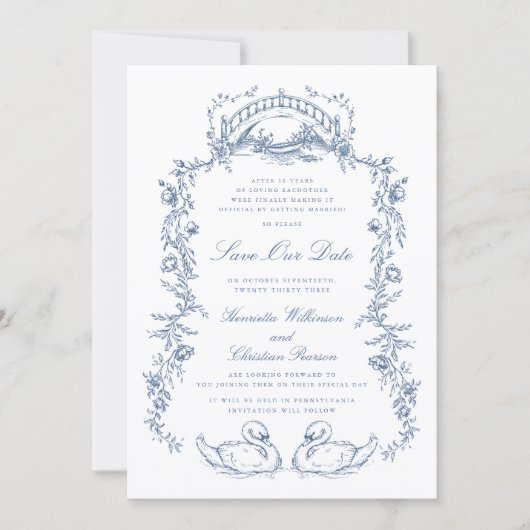 Chinoiserie blue photo save the date  招待状 (正面)