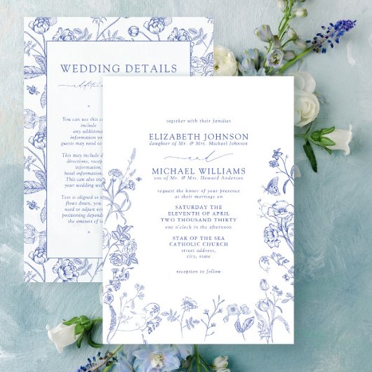 Chinoiserie Blue Victorian Floral Details Wedding 招待状