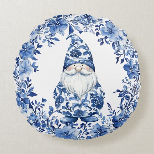 Chinoiserie Blue White Floral Christmas Gnome ラウンドクッション (正面)