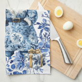Chinoiserie Blue White Floral Christmas Santa キッチンタオル (四つ折り)