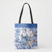 Chinoiserie Blue White Floral Christmas Santa トートバッグ (正面)
