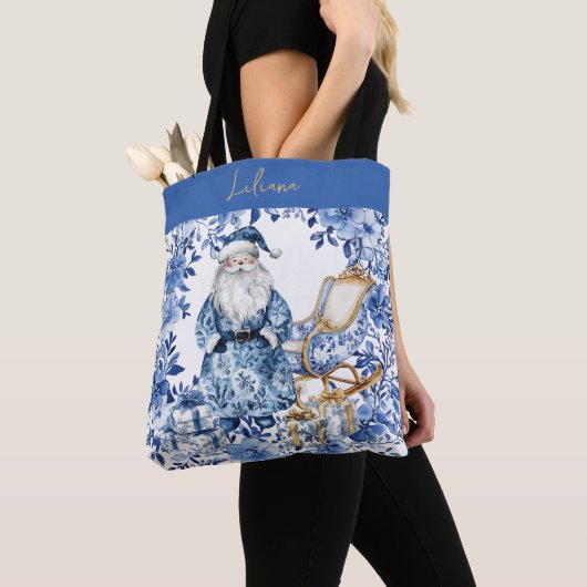 Chinoiserie Blue White Floral Christmas Santa トートバッグ (クローズアップ)