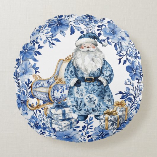 Chinoiserie Blue White Floral Christmas Santa ラウンドクッション (正面)