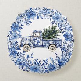 Chinoiserie Blue White Floral Christmas Truck ラウンドクッション