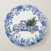 Chinoiserie Blue White Floral Christmas Truck ラウンドクッション (裏面)