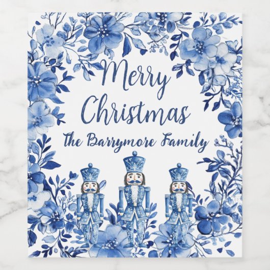 Chinoiserie Blue White Floral Nutcracker Soldiers ワインラベル (シングルラベル)