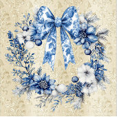 Chinoiserie Blue White Holiday Wreath  コースター