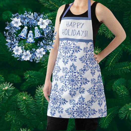Chinoiserie Blue White Red Snowflakes Personalized エプロン
