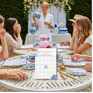 Chinoiserie Blue Willow Bridal Shower Bingo game 招待状