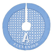 Chinoiserie Cane Trellis in Blue Personalized フェイクリネンツリースカート (正面)