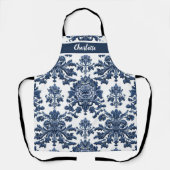 Chinoiserie Chic Navy Blue Flower Ornament Pattern エプロン (正面)