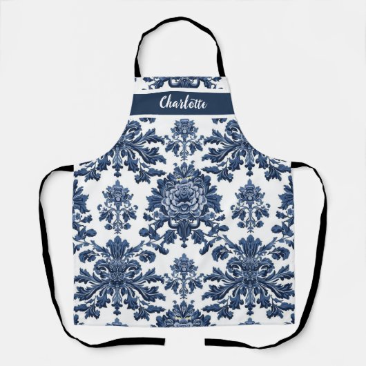 Chinoiserie Chic Navy Blue Flower Ornament Pattern エプロン (正面)