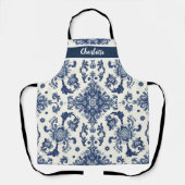 Chinoiserie Chic Navy Blue Flower Ornament Pattern エプロン (正面)
