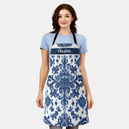 Chinoiserie Chic Navy Blue Flower Ornament Pattern エプロン