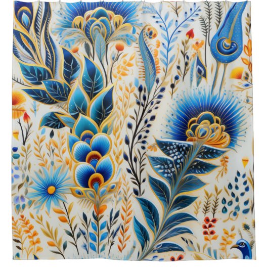 Chinoiserie Exotic Birds Botanical Pattern (5) シャワーカーテン (正面)