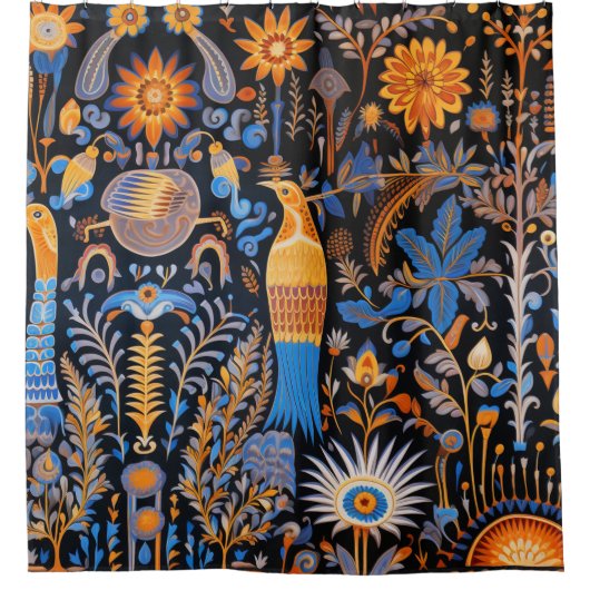 Chinoiserie Exotic Birds Botanical Pattern (6) シャワーカーテン (正面)