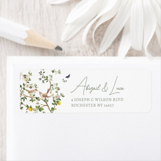 Chinoiserie Floral Bird Wedding Invitation Address ラベル (インサイチュ)