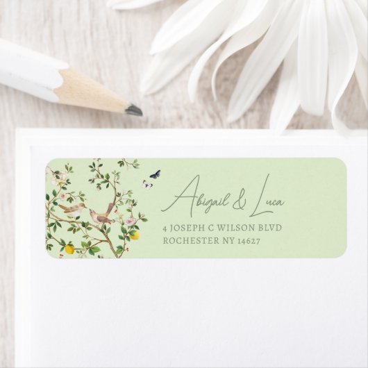 Chinoiserie Floral Bird Wedding Invitation Address ラベル (インサイチュ)