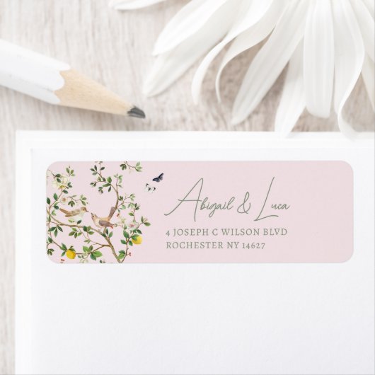 Chinoiserie Floral Bird Wedding Invitation Address ラベル (インサイチュ)
