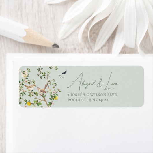 Chinoiserie Floral Bird Wedding Invitation Address ラベル (インサイチュ)