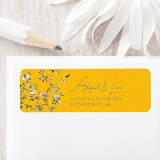 Chinoiserie Floral Bird Wedding Invitation Address ラベル (インサイチュ)