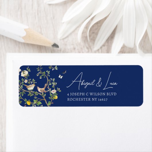 Chinoiserie Floral Bird Wedding Invitation Address ラベル (インサイチュ)