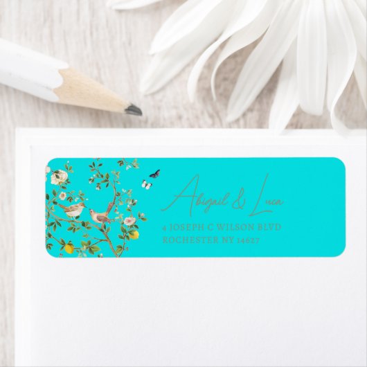 Chinoiserie Floral Bird Wedding Invitation Address ラベル (インサイチュ)