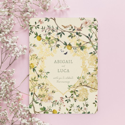 Chinoiserie Floral Birds Wedding Foil Invitation 箔招待状