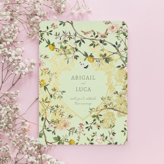 Chinoiserie Floral Birds Wedding Foil Invitation 箔招待状