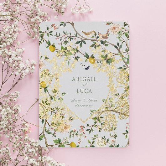 Chinoiserie Floral Birds Wedding Foil Invitation 箔招待状