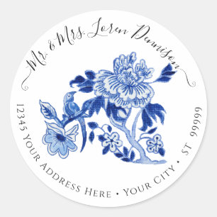 Chinoiserie Floral Foliage Blue White Bird Wedding ラウンドシール