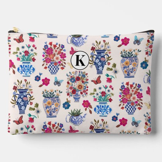 Chinoiserie Floral Monogram Cosmetic Makeup Bag アクセサリーポーチ (正面)