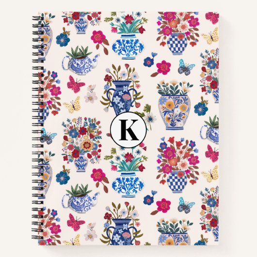 Chinoiserie Floral Monogram Notebook Planner ノートブック (正面)
