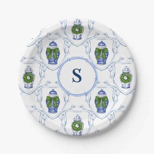 Chinoiserie Ginger Jarsクリスマスモノグラムの ペーパープレート (正面)