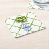 Chinoiserie Lemon Topiary with Blue Bow スクエアペーパーコースター (アングル)