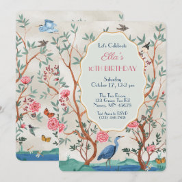 Chinoiserie Mural with Heron on faux Foil 招待状