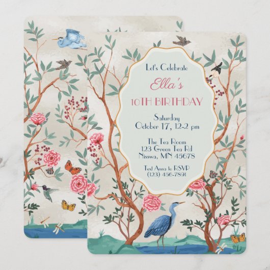 Chinoiserie Mural with Heron on faux Foil 招待状 (正面/裏面)