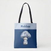 Chinoiserie Mushroom iBlue White on Navy Monogram  トートバッグ (正面)