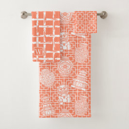 Chinoiserie Pagoda – Coral Preppy Asian Garden バスタオルセット