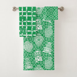 Chinoiserie Pagoda – Green Preppy Asian Garden バスタオルセット