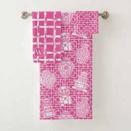 Chinoiserie Pagoda – Hot Pink Preppy Asian Garden バスタオルセット