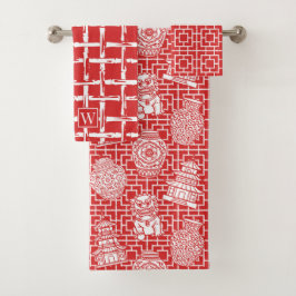 Chinoiserie Pagoda – Red Preppy Asian Garden バスタオルセット