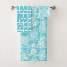 Chinoiserie Pagoda – Turquoise Preppy Asian Garden バスタオルセット