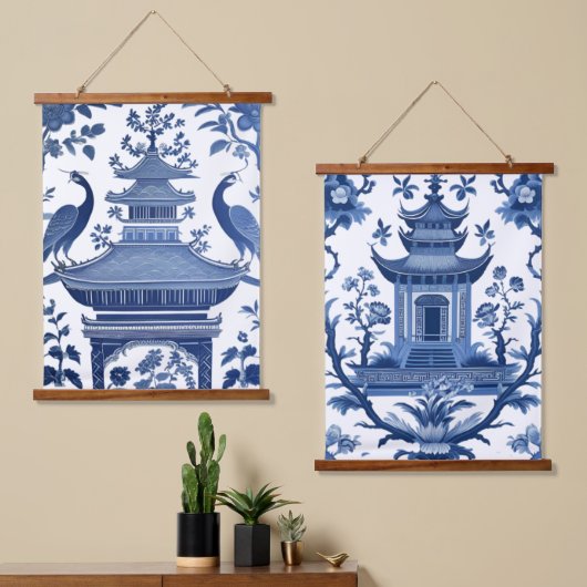 CHINOISERIE PAGODAS IN BLUE 1 & 2 吊り下げ型タペストリー (非対称)