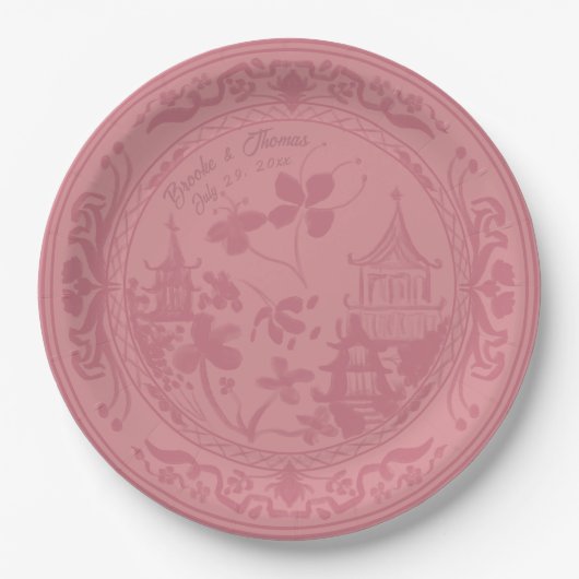 Chinoiserie Pink Floral Watercolor Paper Plate ペーパープレート (正面)