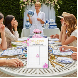 Chinoiserie Pink Willow Bridal Shower Bingo game 招待状