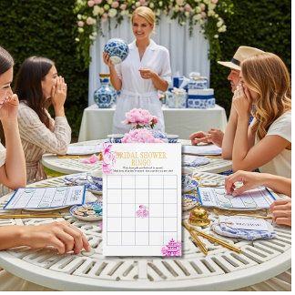 Chinoiserie Pink Willow Bridal Shower Bingo game 招待状