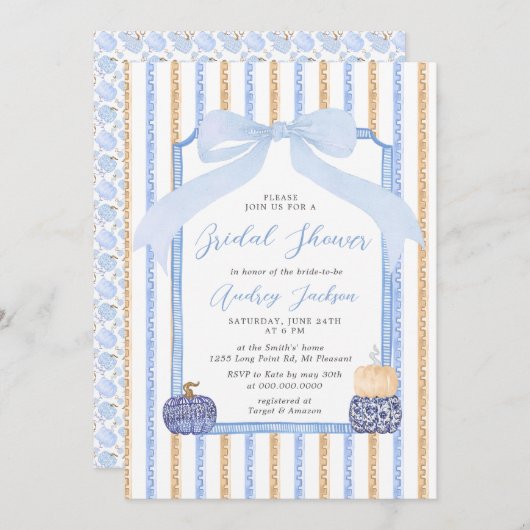 Chinoiserie Pumpkin & Blue Bow Fall Bridal Shower 招待状 (正面/裏面)
