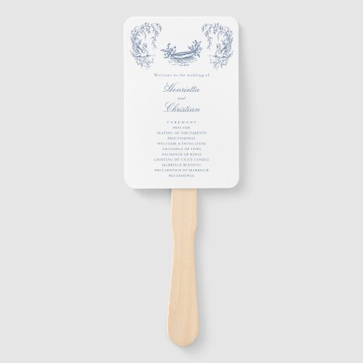 Chinoiserie Swans Blue White Wedding Program Fans ハンドファン (正面)